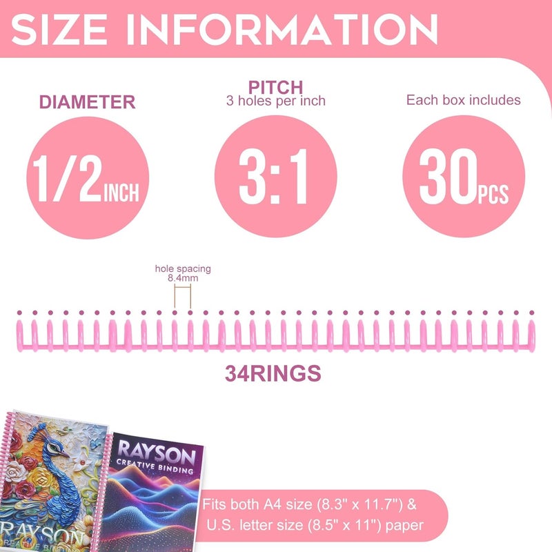 RAYSON PROC1230PK Click Binding Spines, 3:1 Pitch, 1/2" Diameter, 90 Sheets Binding Capacity, Pink, 30/Box - Image 2